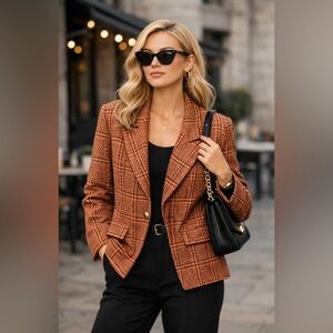 Elegant Orange Houndstooth Women's Blazer200 vintage 100% wool 🌷